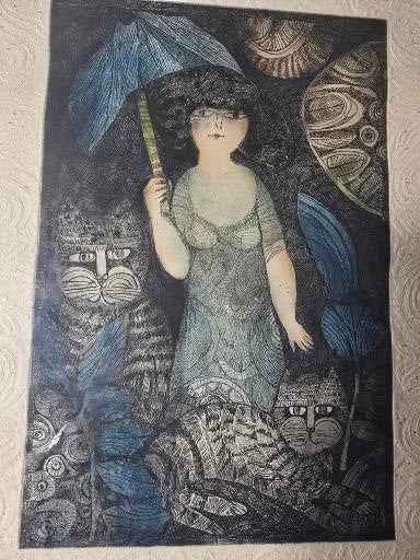 Vintage Judith Bledsoe girl with umbrella and cats limited edition signed and numbered