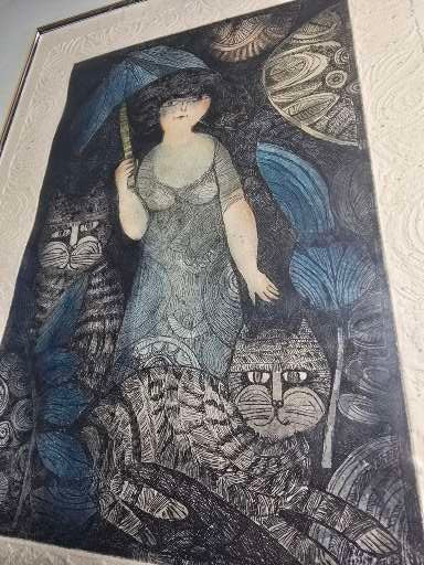 Vintage Judith Bledsoe girl with umbrella and cats limited edition signed and numbered