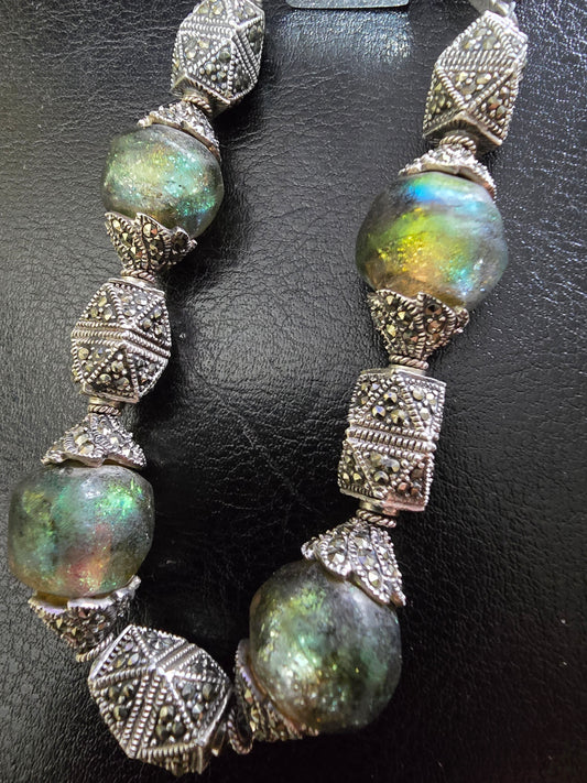 ANTIQUE STERLING SILVER, LABADRORITE, MARCASITE WITH INTRINCATED FILIGREE DESING