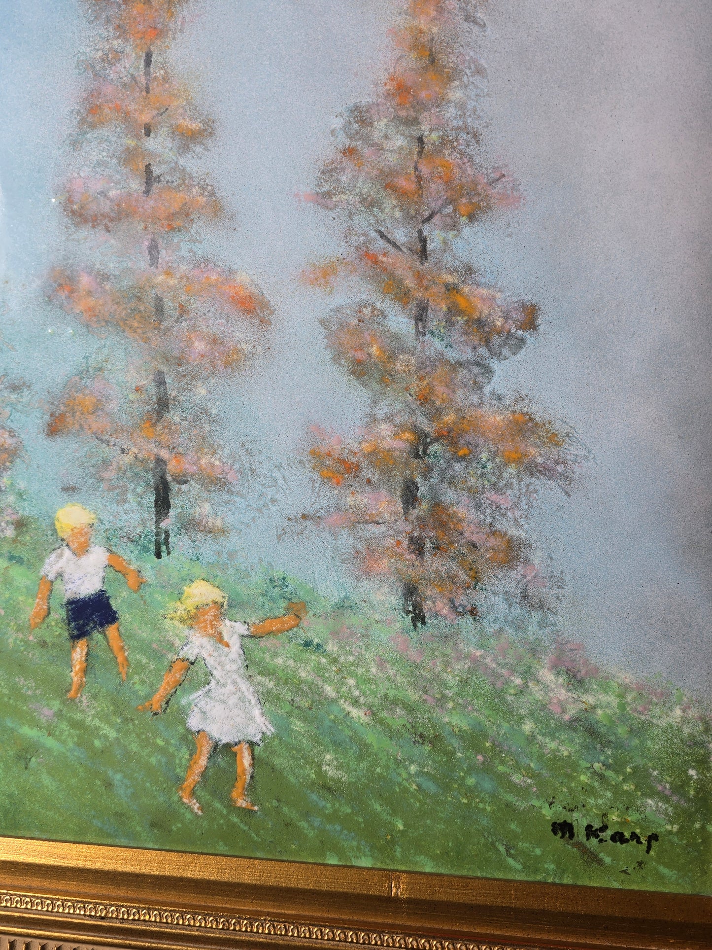 Vintage Max Karp enamel and copper 16" X 20" painting (children in playing field)