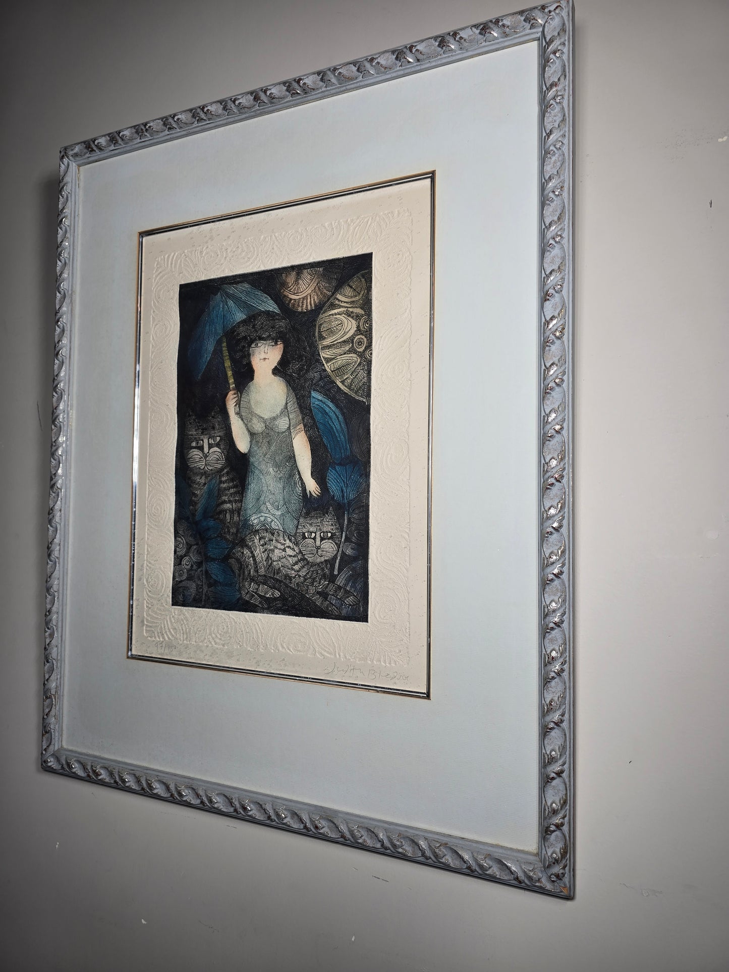 Vintage Judith Bledsoe girl with umbrella and cats limited edition signed and numbered