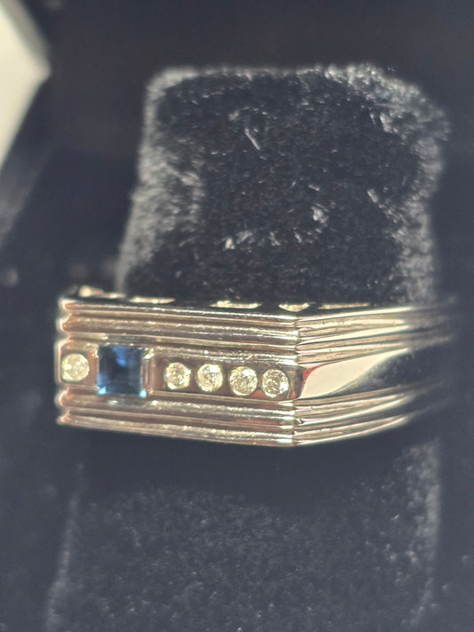 NEW 14k white gold diamonds and sapphire men ring