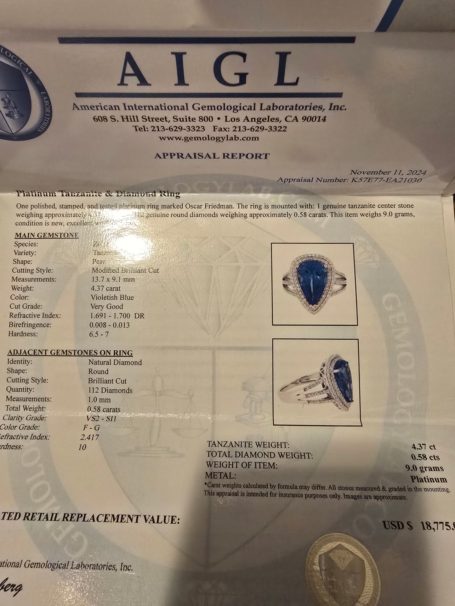 New Platinum pearl shaped Tanzanite and Diamond ring 4.37cts