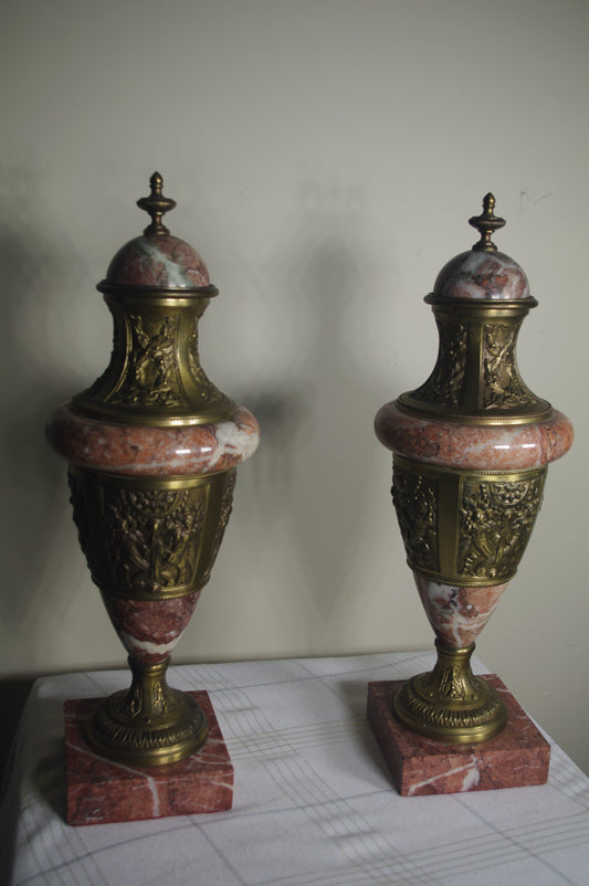 ANTIQUE PAIR OF 1870 BRASS AND MARBLE URNS