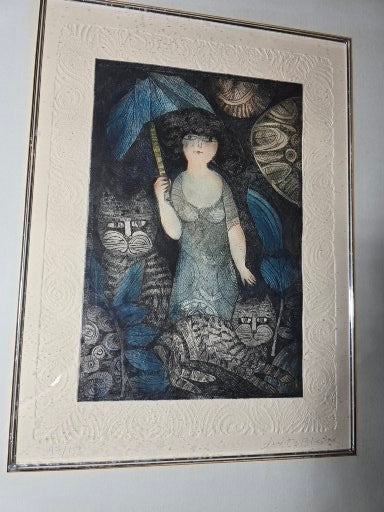 Vintage Judith Bledsoe girl with umbrella and cats limited edition signed and numbered