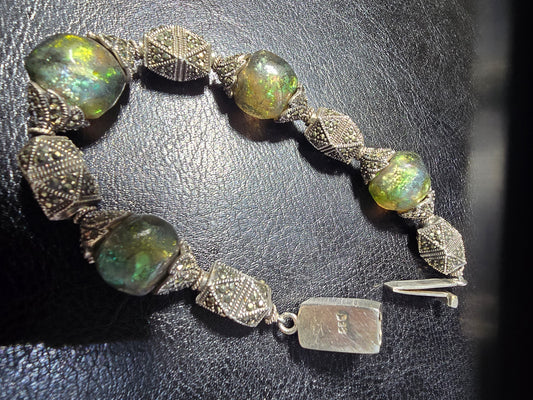 ANTIQUE STERLING SILVER, LABADRORITE, MARCASITE WITH INTRINCATED FILIGREE DESING