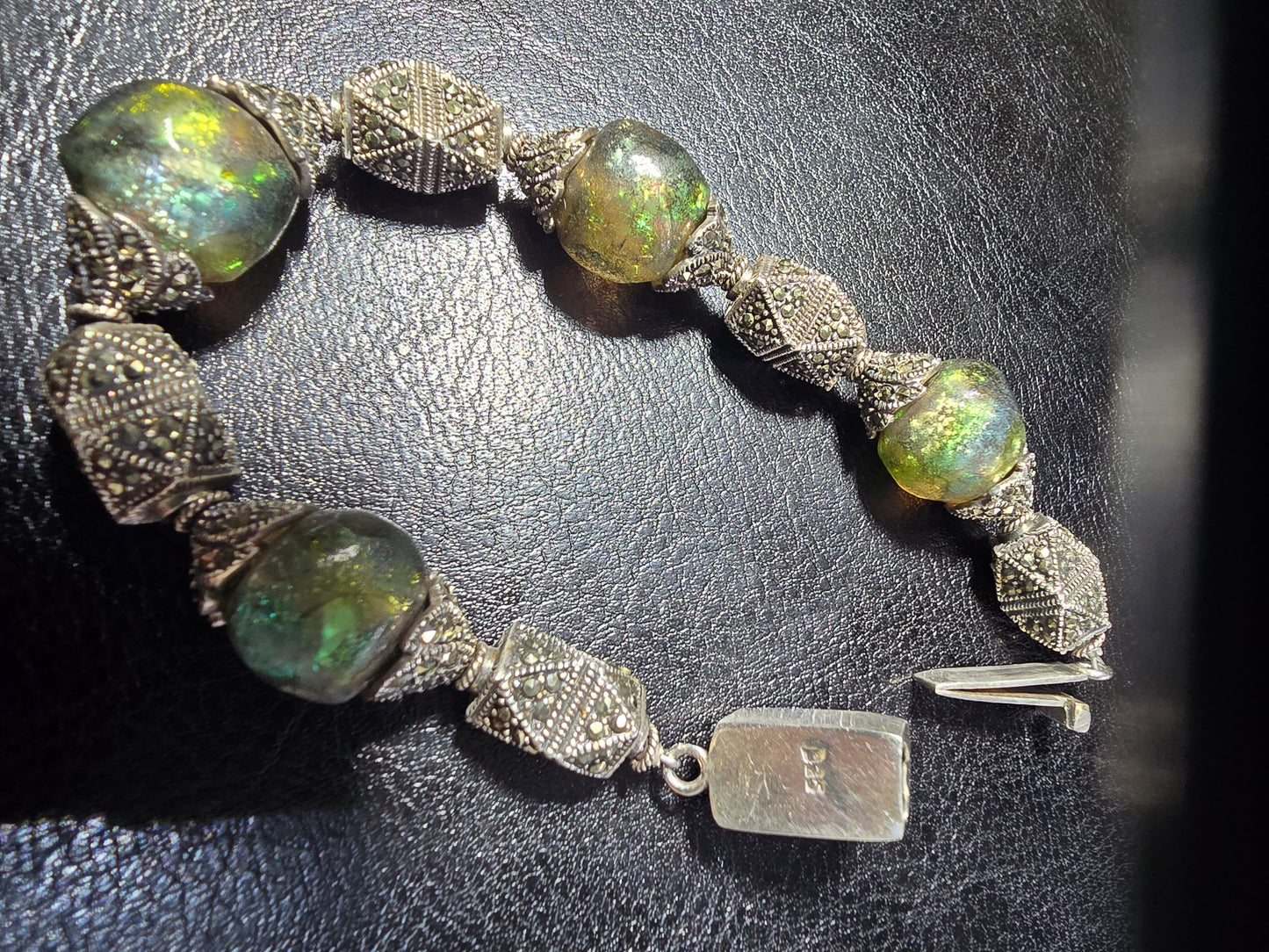 ANTIQUE STERLING SILVER, LABADRORITE, MARCASITE WITH INTRINCATED FILIGREE DESING