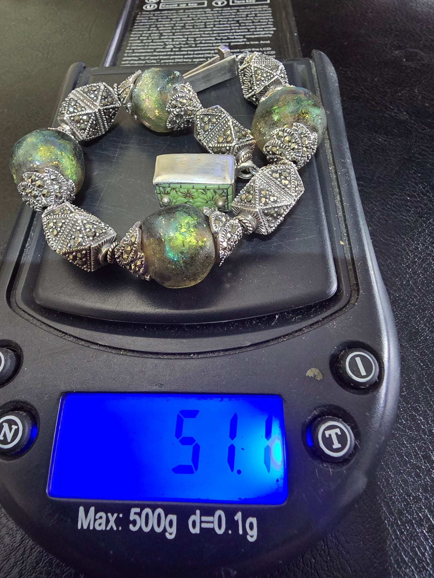 ANTIQUE STERLING SILVER, LABADRORITE, MARCASITE WITH INTRINCATED FILIGREE DESING