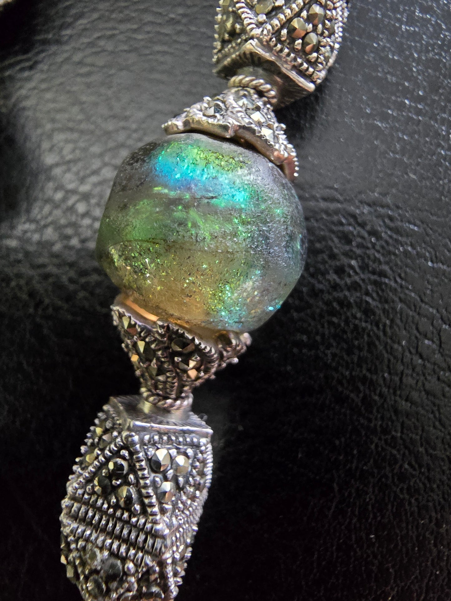ANTIQUE STERLING SILVER, LABADRORITE, MARCASITE WITH INTRINCATED FILIGREE DESING