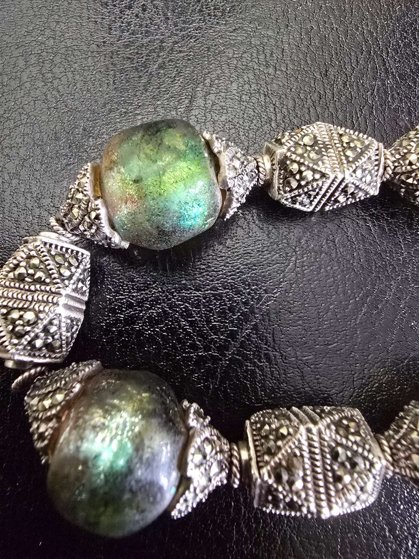 ANTIQUE STERLING SILVER, LABADRORITE, MARCASITE WITH INTRINCATED FILIGREE DESING
