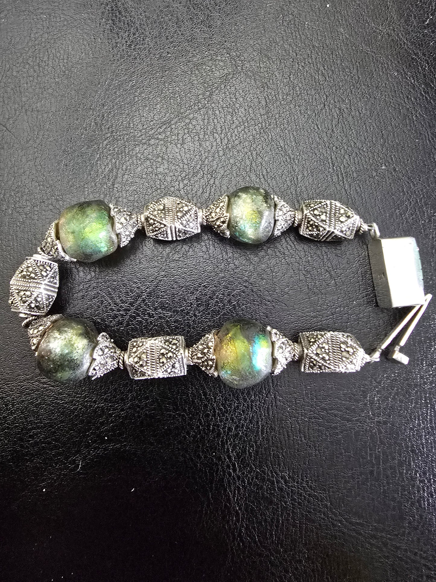 ANTIQUE STERLING SILVER, LABADRORITE, MARCASITE WITH INTRINCATED FILIGREE DESING