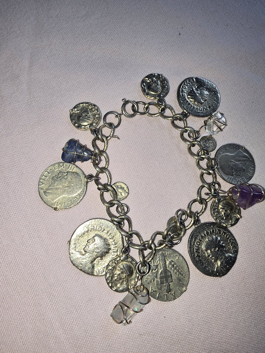 Sterling Silver Ancient Roman coin charm bracelet with natural stones accents "VINTAGE"