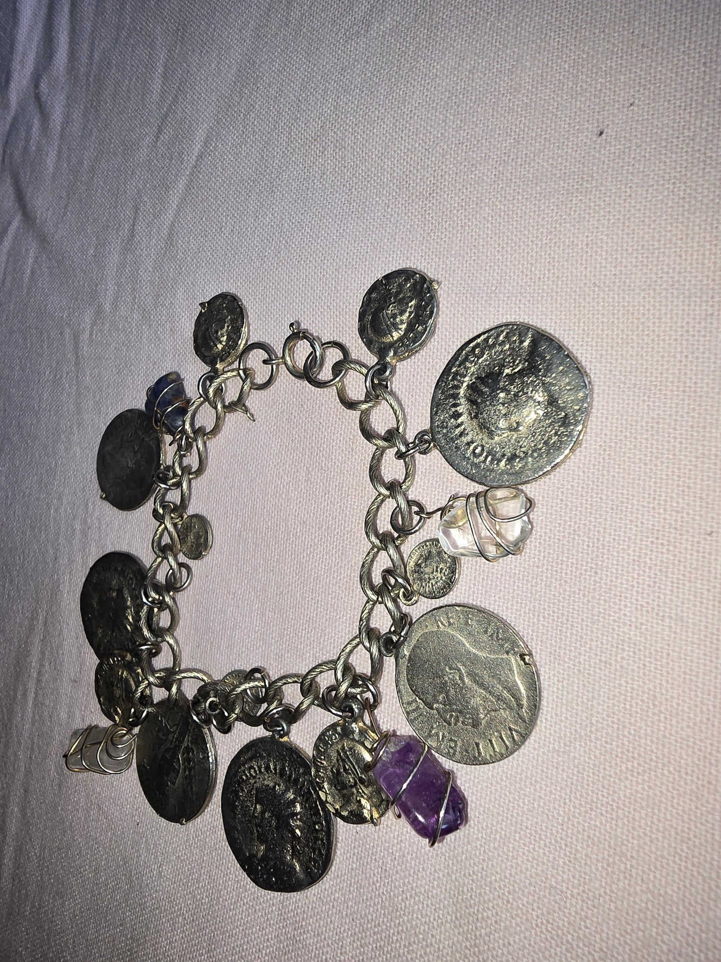 Sterling Silver Ancient Roman coin charm bracelet with natural stones accents "VINTAGE"