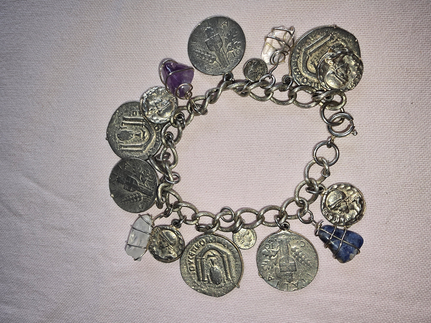 Sterling Silver Ancient Roman coin charm bracelet with natural stones accents "VINTAGE"