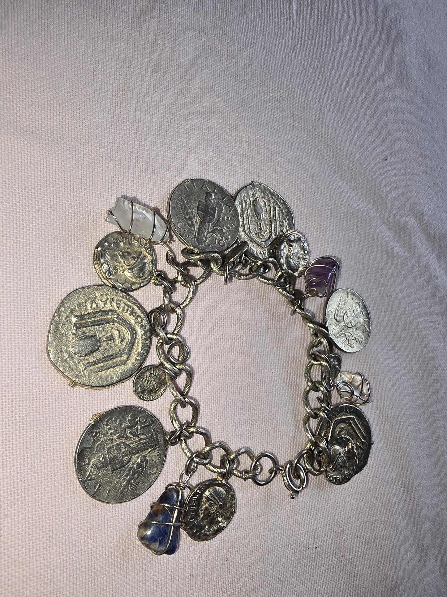 Sterling Silver Ancient Roman coin charm bracelet with natural stones accents "VINTAGE"
