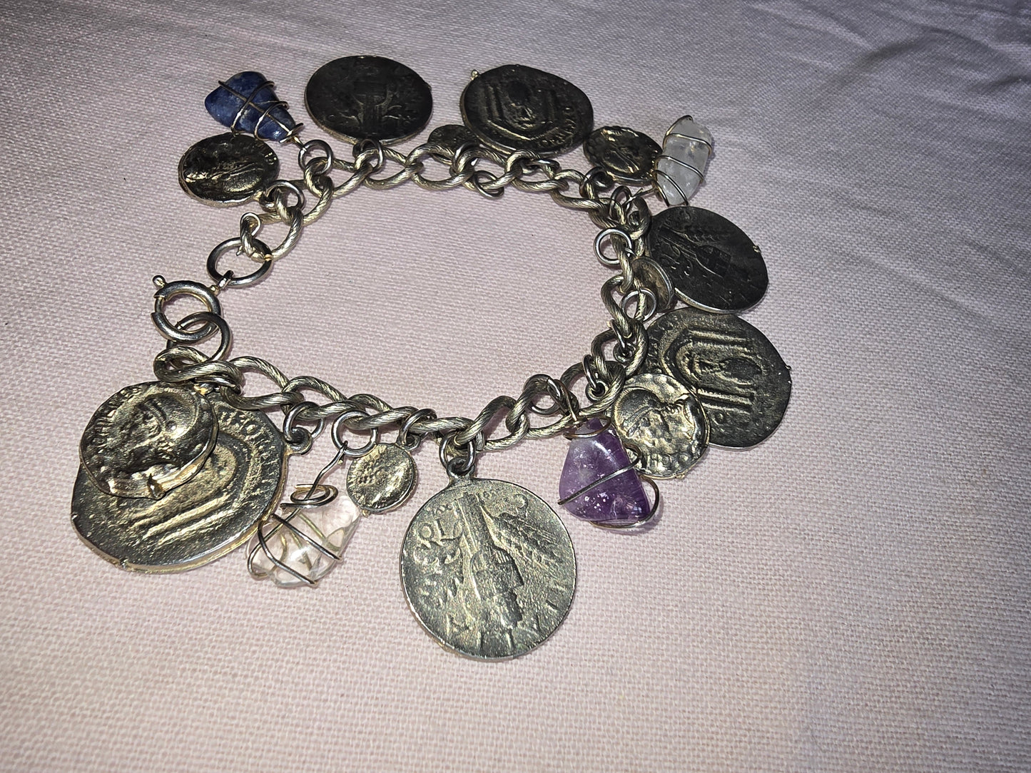 Sterling Silver Ancient Roman coin charm bracelet with natural stones accents "VINTAGE"