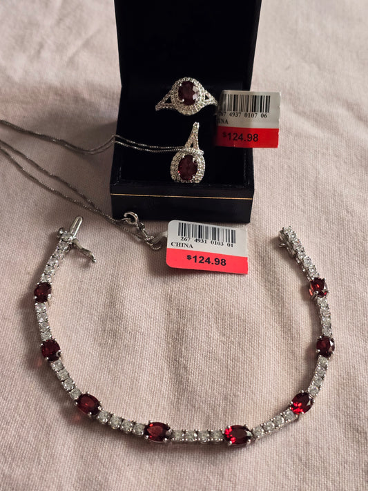 SS Natural Red Garnet, CZ &  lab created wht Sapphire Tennis Bracelet,Ring & Necklace NEW