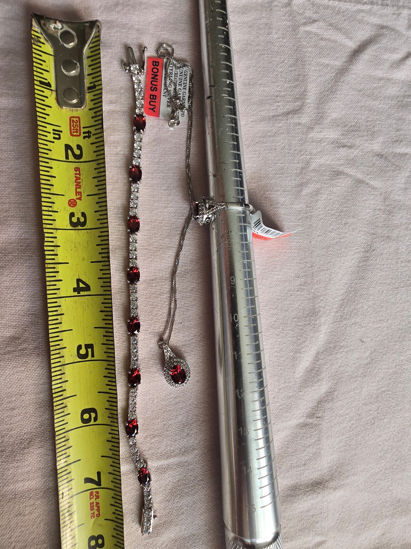 SS Natural Red Garnet, CZ &  lab created wht Sapphire Tennis Bracelet,Ring & Necklace NEW
