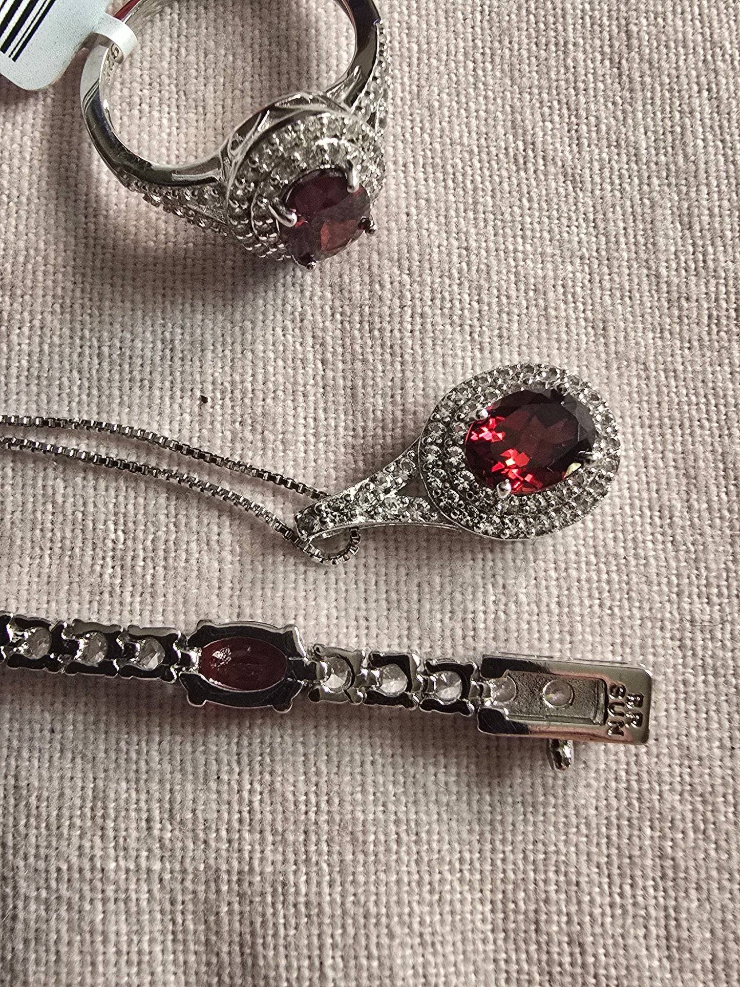 SS Natural Red Garnet, CZ &  lab created wht Sapphire Tennis Bracelet,Ring & Necklace NEW