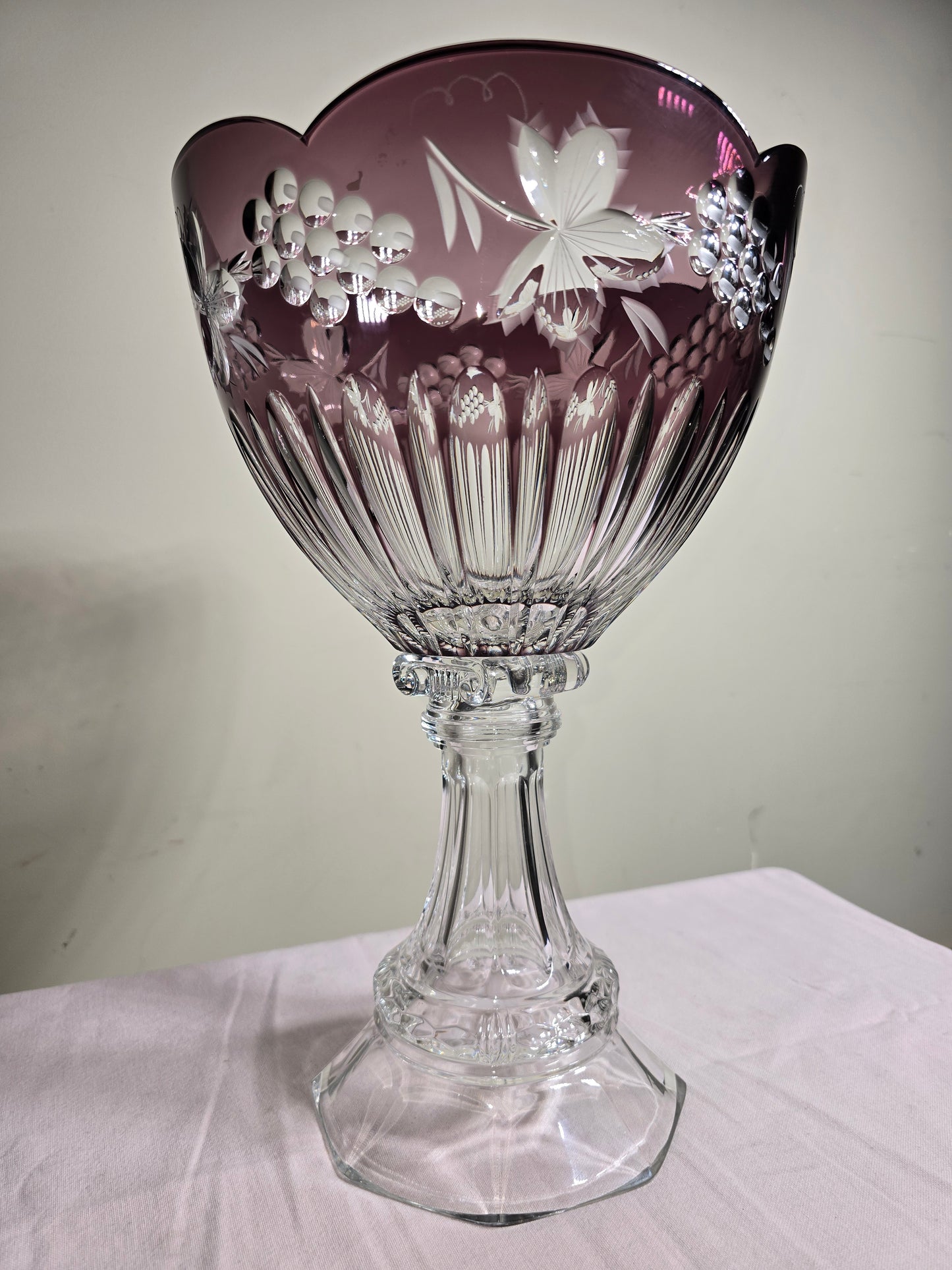 Vintage Bohemian Hand Cut to Clear Amethyst Crystal Pedestal Bowl