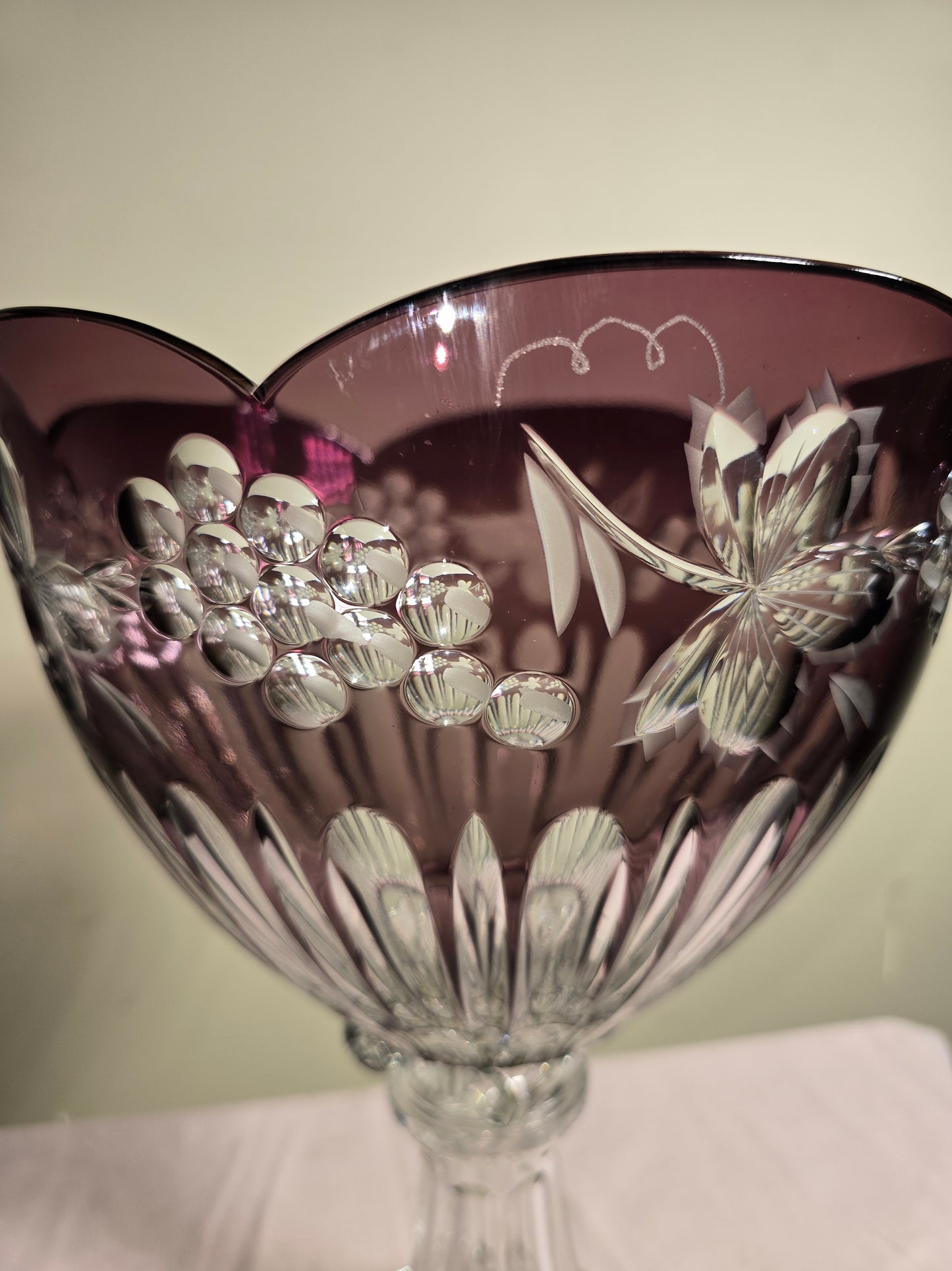 Vintage Bohemian Hand Cut to Clear Amethyst Crystal Pedestal Bowl