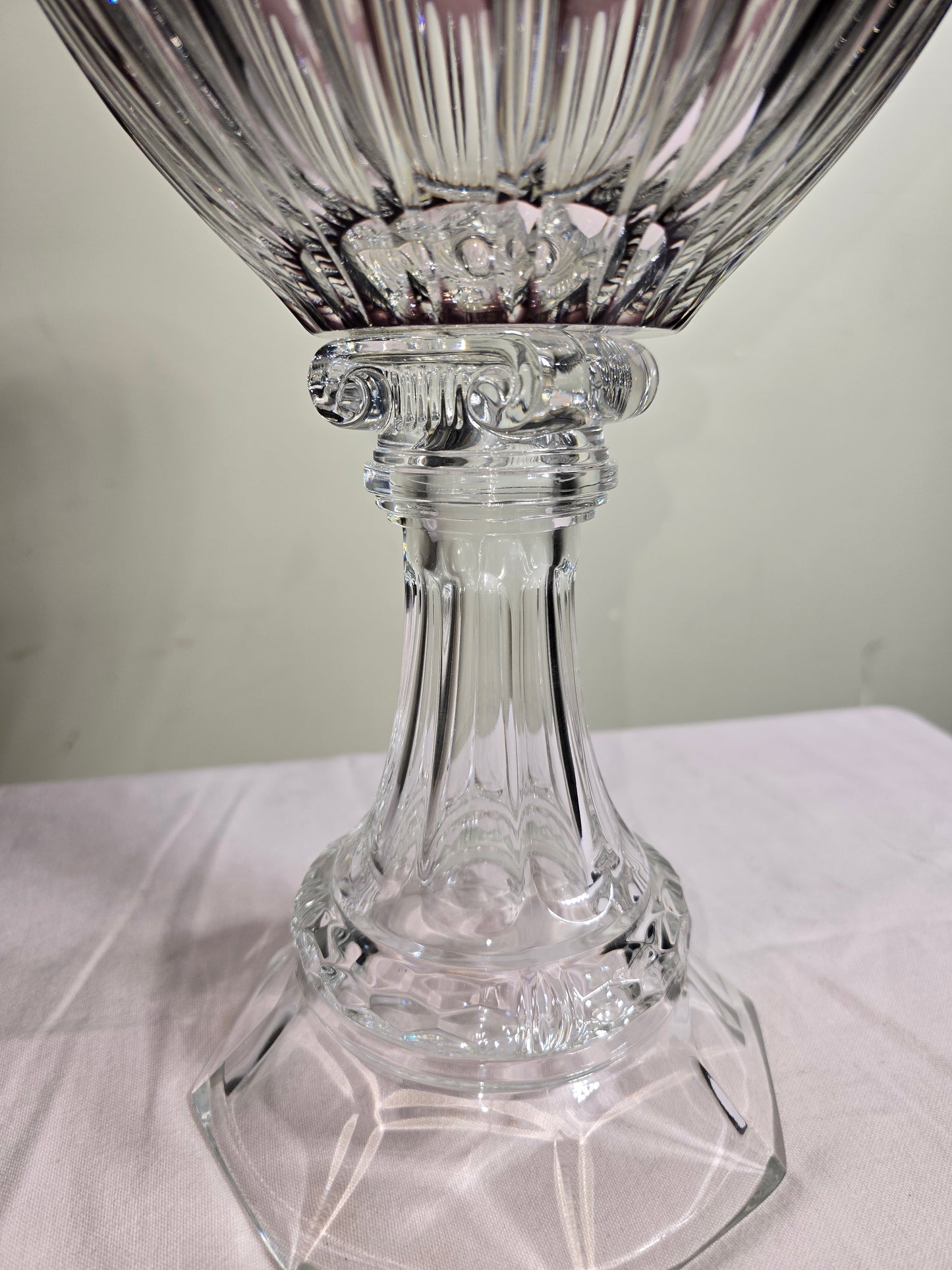 Vintage Bohemian Hand Cut to Clear Amethyst Crystal Pedestal Bowl