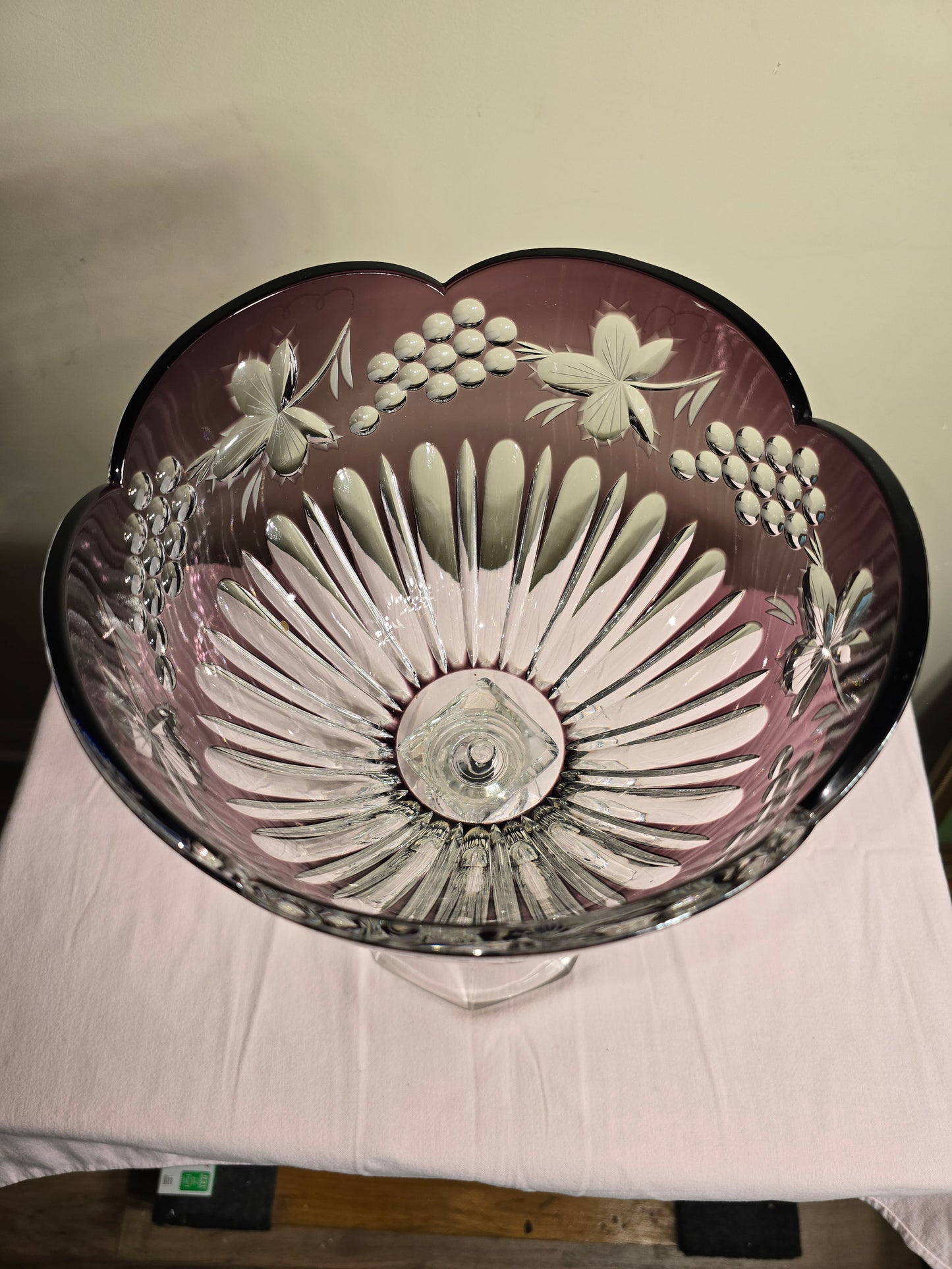 Vintage Bohemian Hand Cut to Clear Amethyst Crystal Pedestal Bowl
