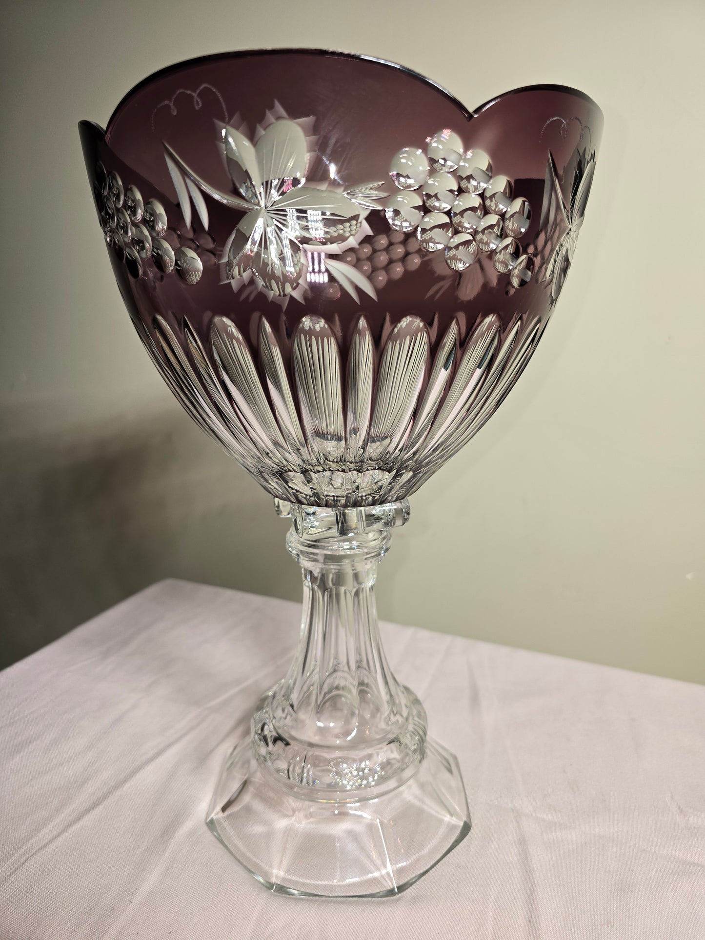 Vintage Bohemian Hand Cut to Clear Amethyst Crystal Pedestal Bowl