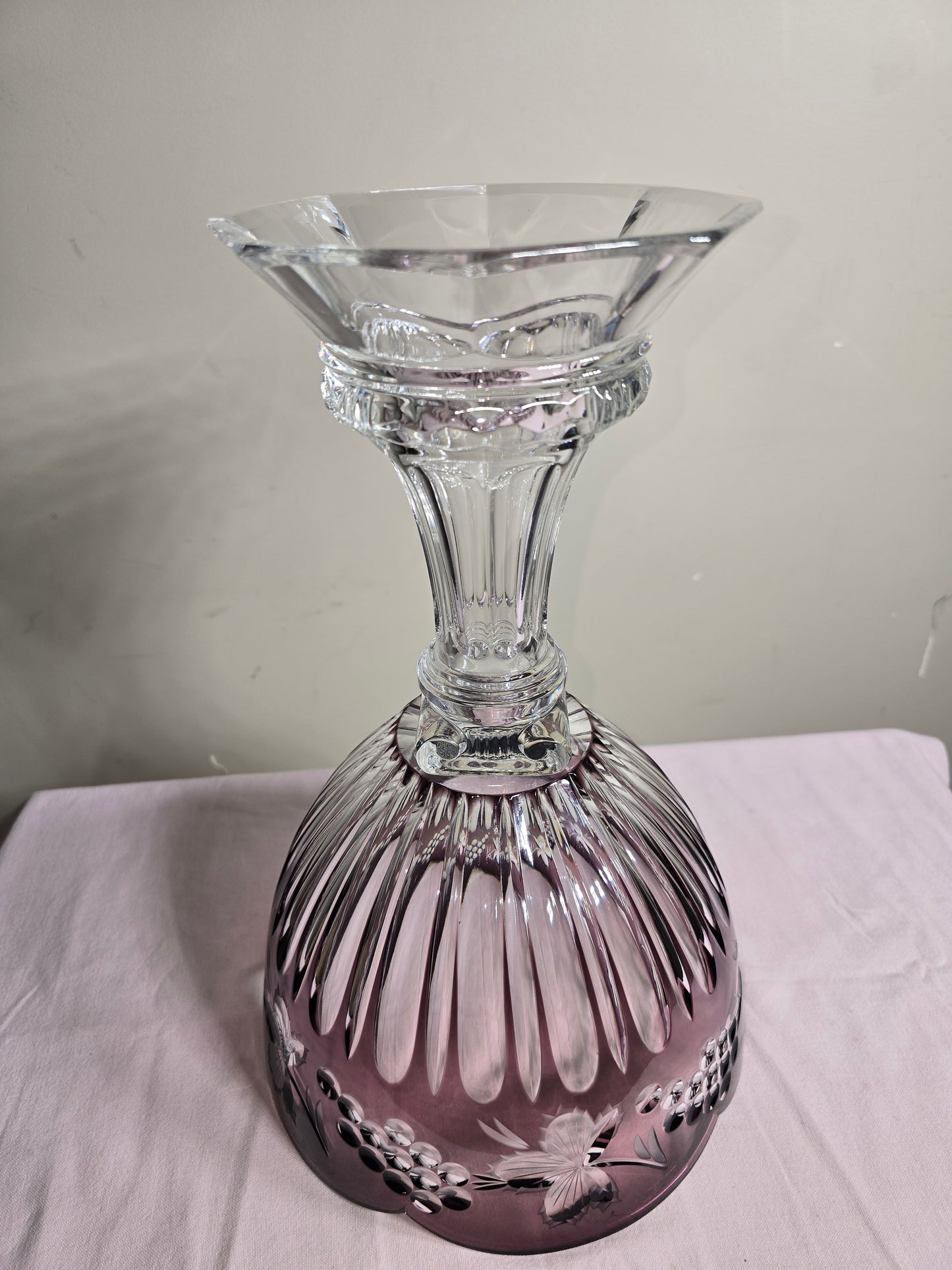 Vintage Bohemian Hand Cut to Clear Amethyst Crystal Pedestal Bowl