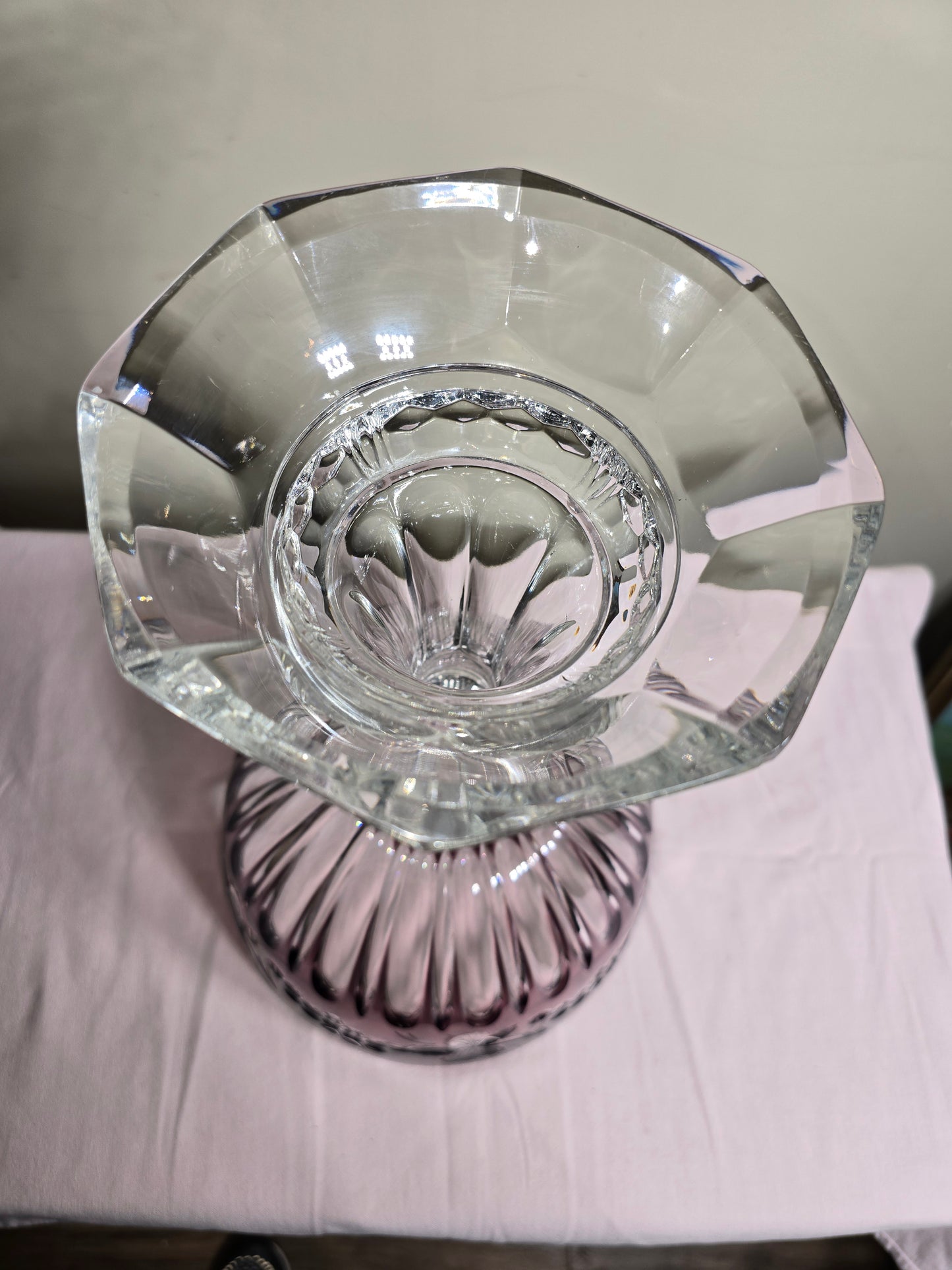 Vintage Bohemian Hand Cut to Clear Amethyst Crystal Pedestal Bowl