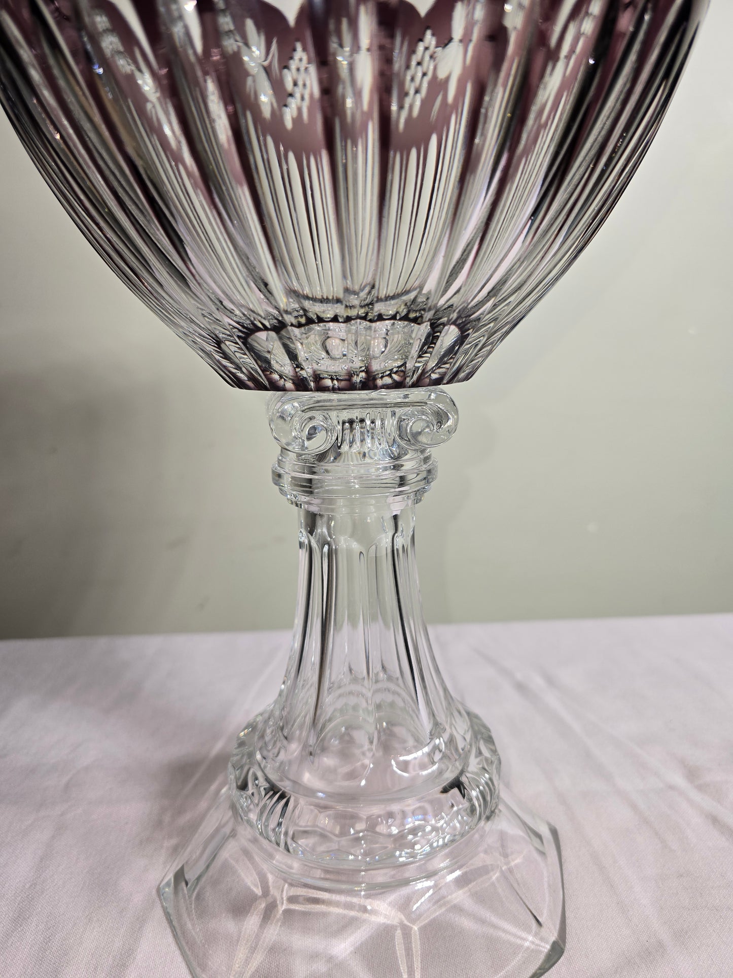 Vintage Bohemian Hand Cut to Clear Amethyst Crystal Pedestal Bowl