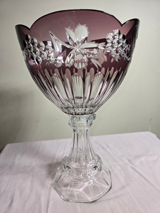 Vintage Bohemian Hand Cut to Clear Amethyst Crystal Pedestal Bowl