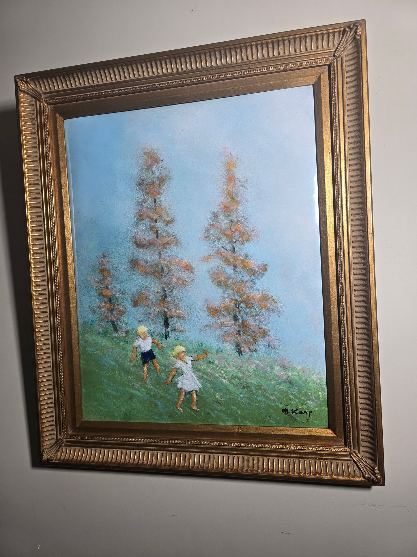 Vintage Max Karp enamel and copper 16" X 20" painting (children in playing field)