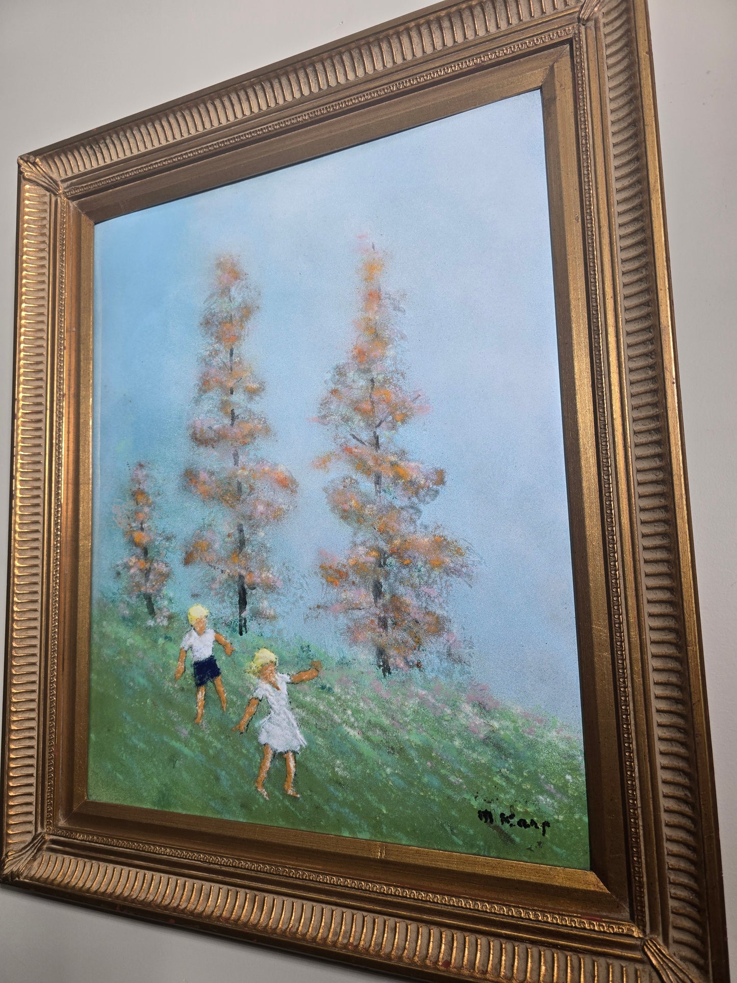 Vintage Max Karp enamel and copper 16" X 20" painting (children in playing field)