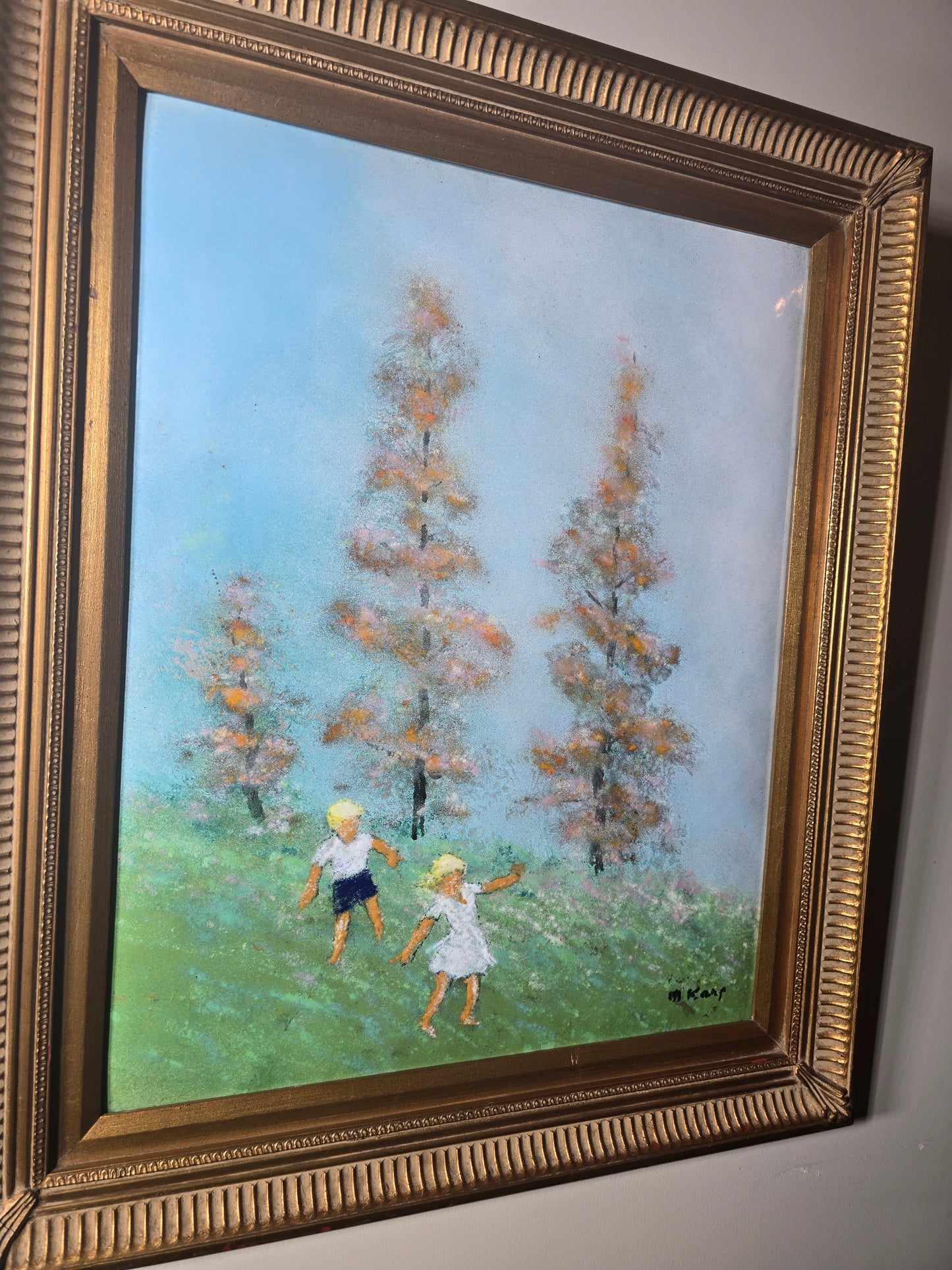 Vintage Max Karp enamel and copper 16" X 20" painting (children in playing field)