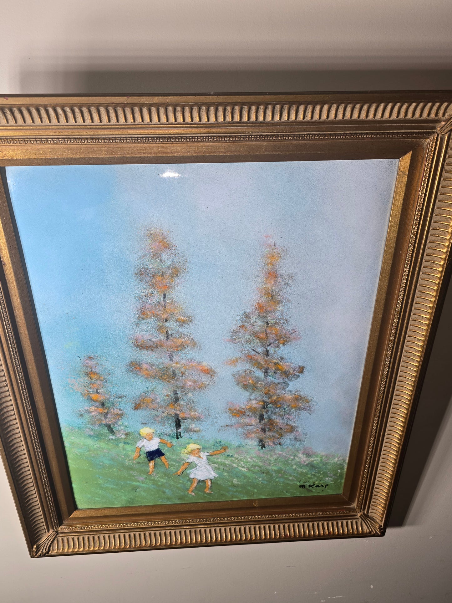 Vintage Max Karp enamel and copper 16" X 20" painting (children in playing field)