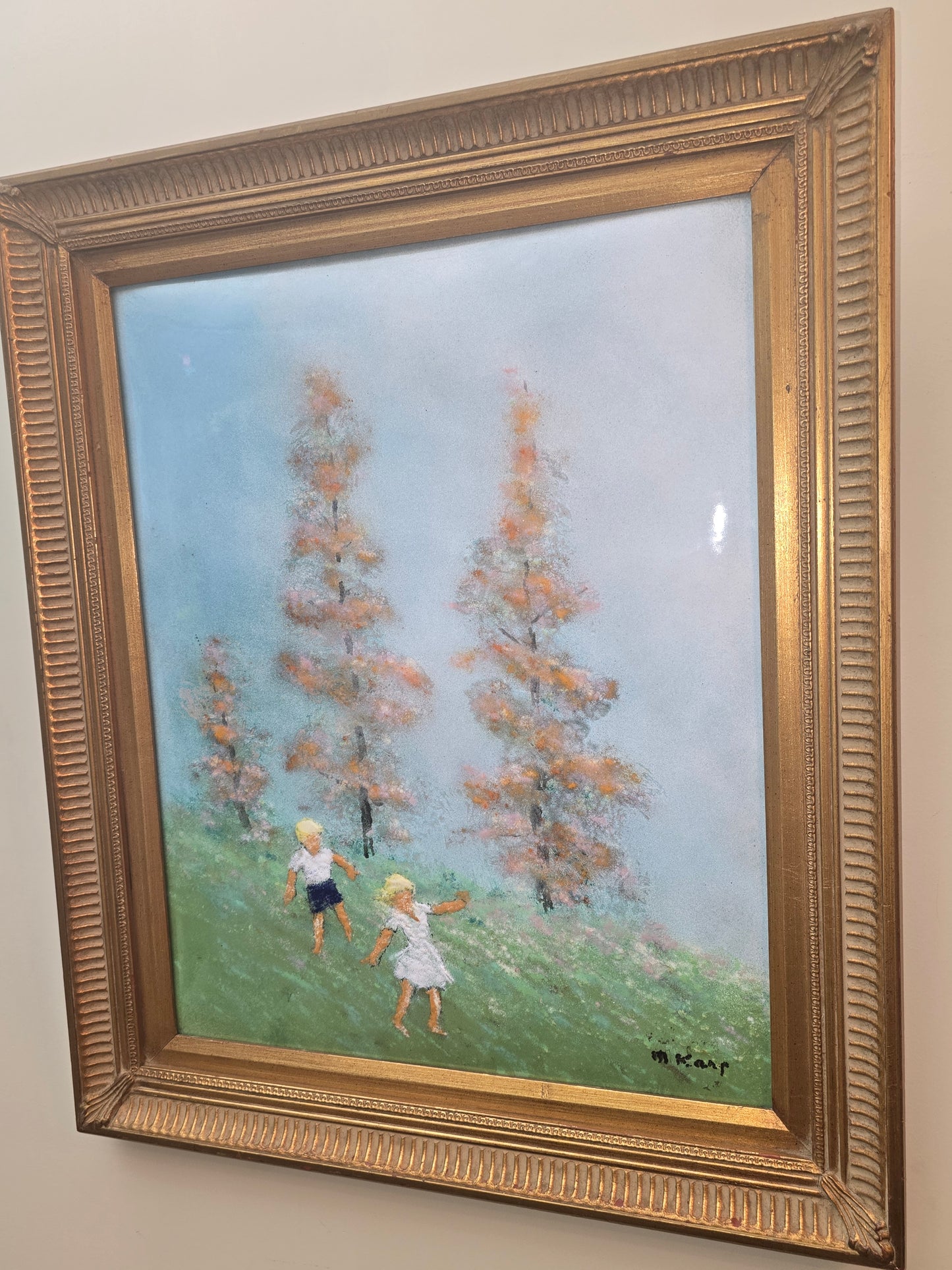 Vintage Max Karp enamel and copper 16" X 20" painting (children in playing field)