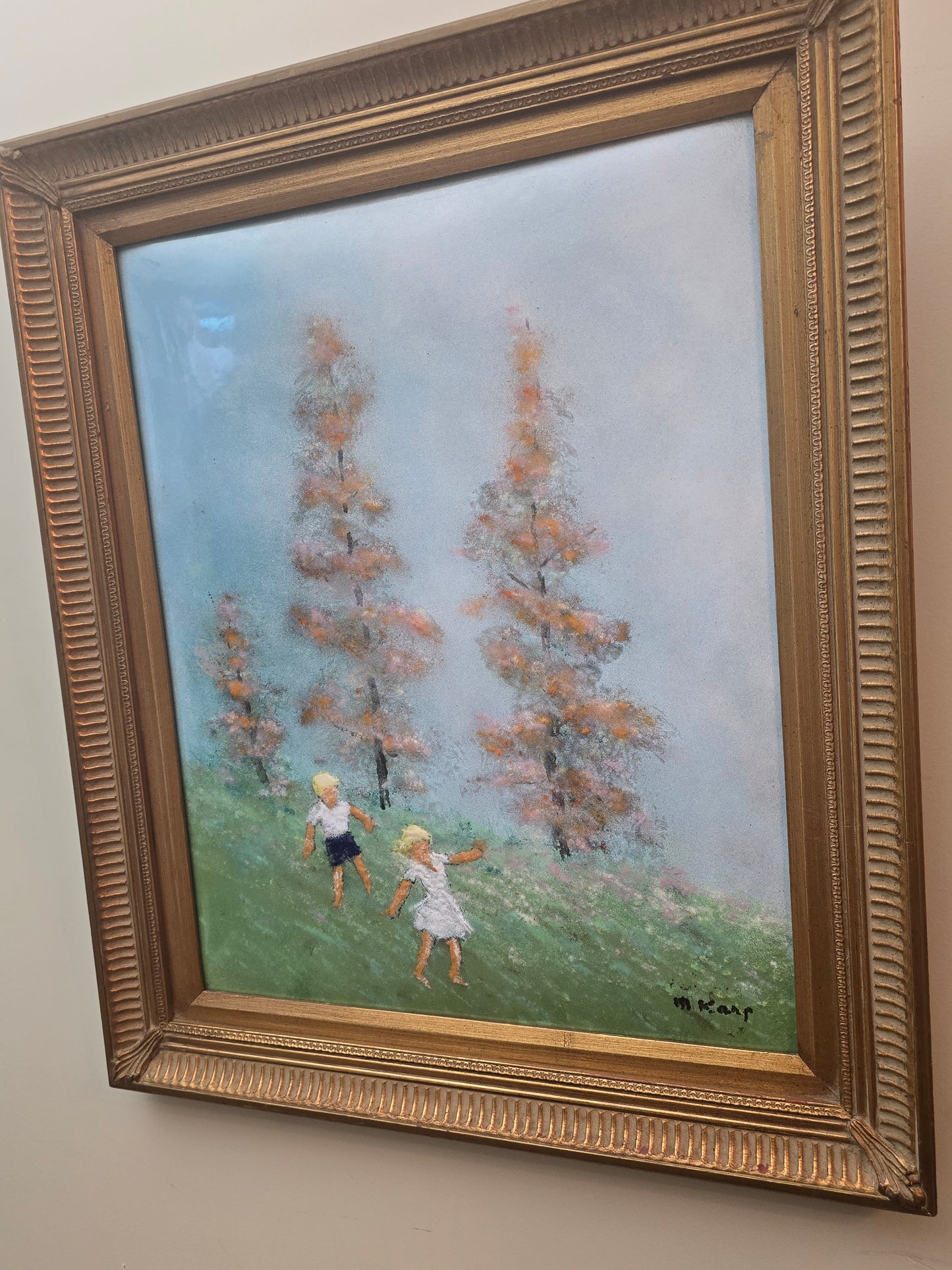 Vintage Max Karp enamel and copper 16" X 20" painting (children in playing field)