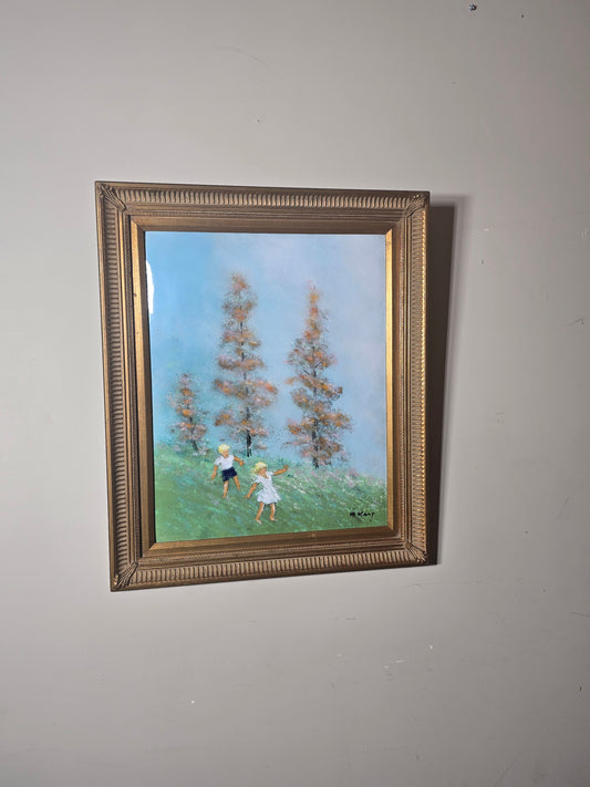 Vintage Max Karp enamel and copper 16" X 20" painting (children in playing field)