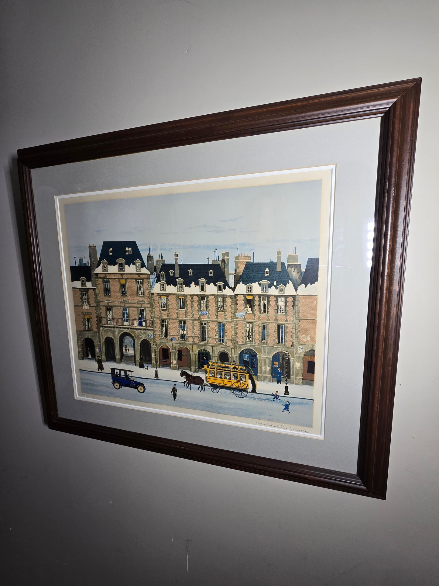 Vintage Michael Delacroix signed lithograph winter in Paris