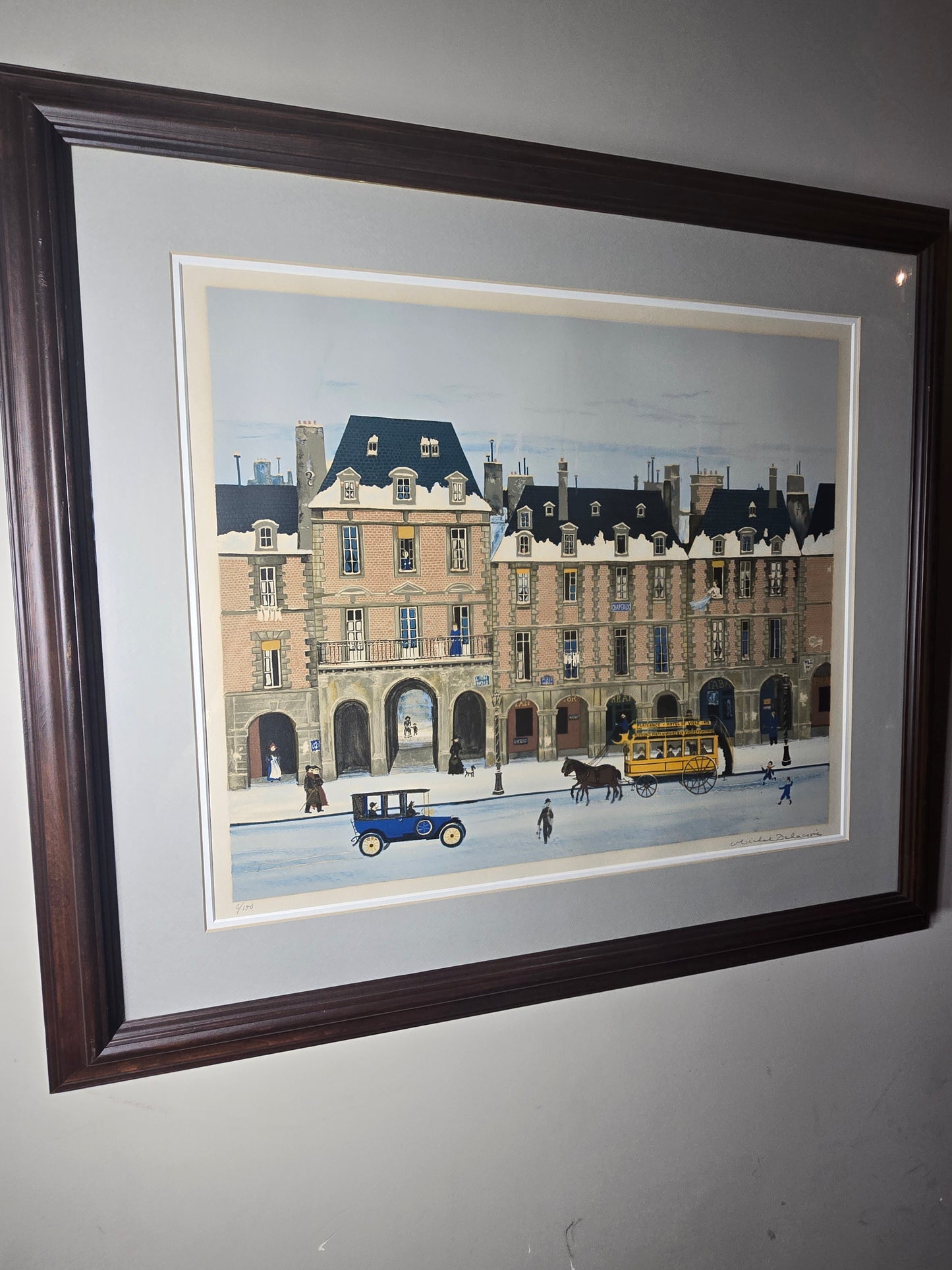 Vintage Michael Delacroix signed lithograph winter in Paris