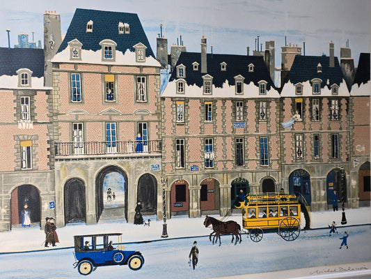 Vintage Michael Delacroix signed lithograph winter in Paris
