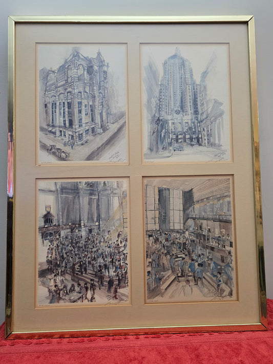 Vintage four watercolor prints from the Chicago Board of Trade signed and numbered