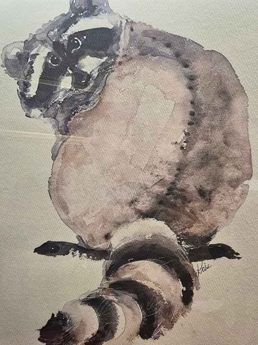 Vintage watercolor painting of a raccoon signed "Kris"