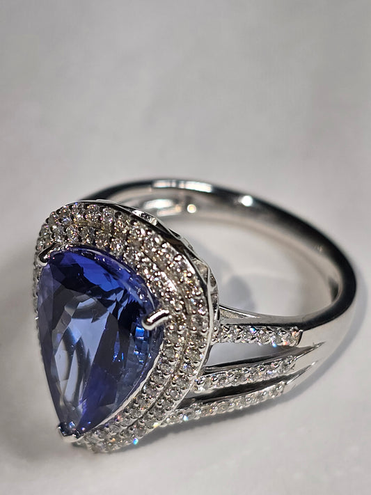 New Platinum pearl shaped Tanzanite and Diamond ring 4.37cts