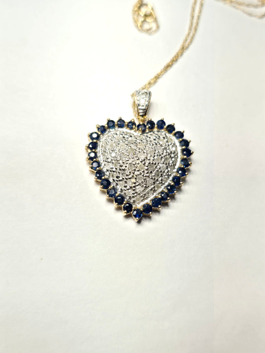 NEW 10k gold sapphire and diamonds hearth shaped necklace pendant in 14k chain NEW