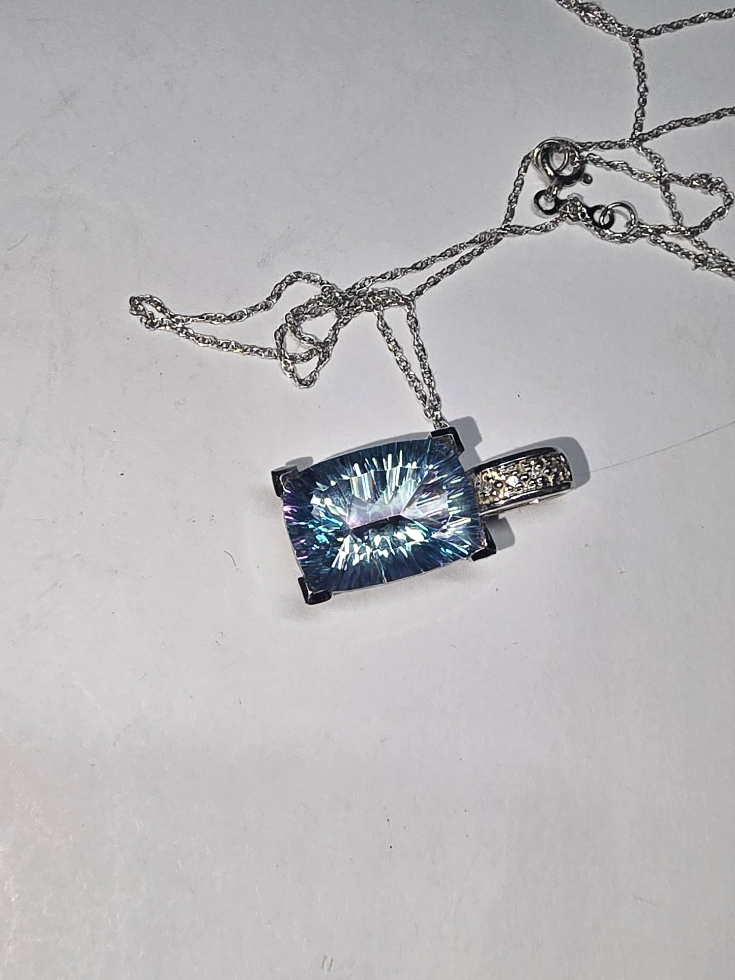 NEW 10K White Gold and diamonds Mystic Rainbow Topaz Necklace Pendant with 14k chain