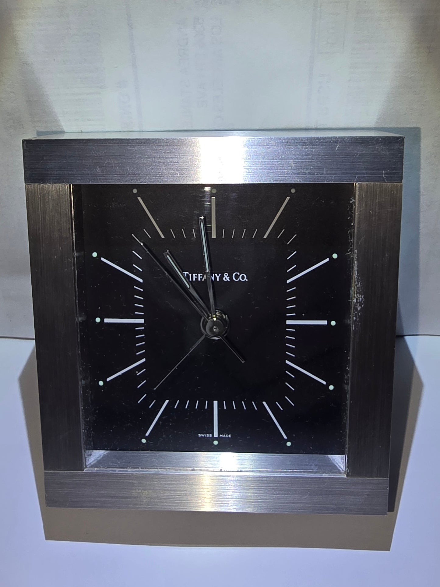 Tiffany and co. Palladium square alarm clock.