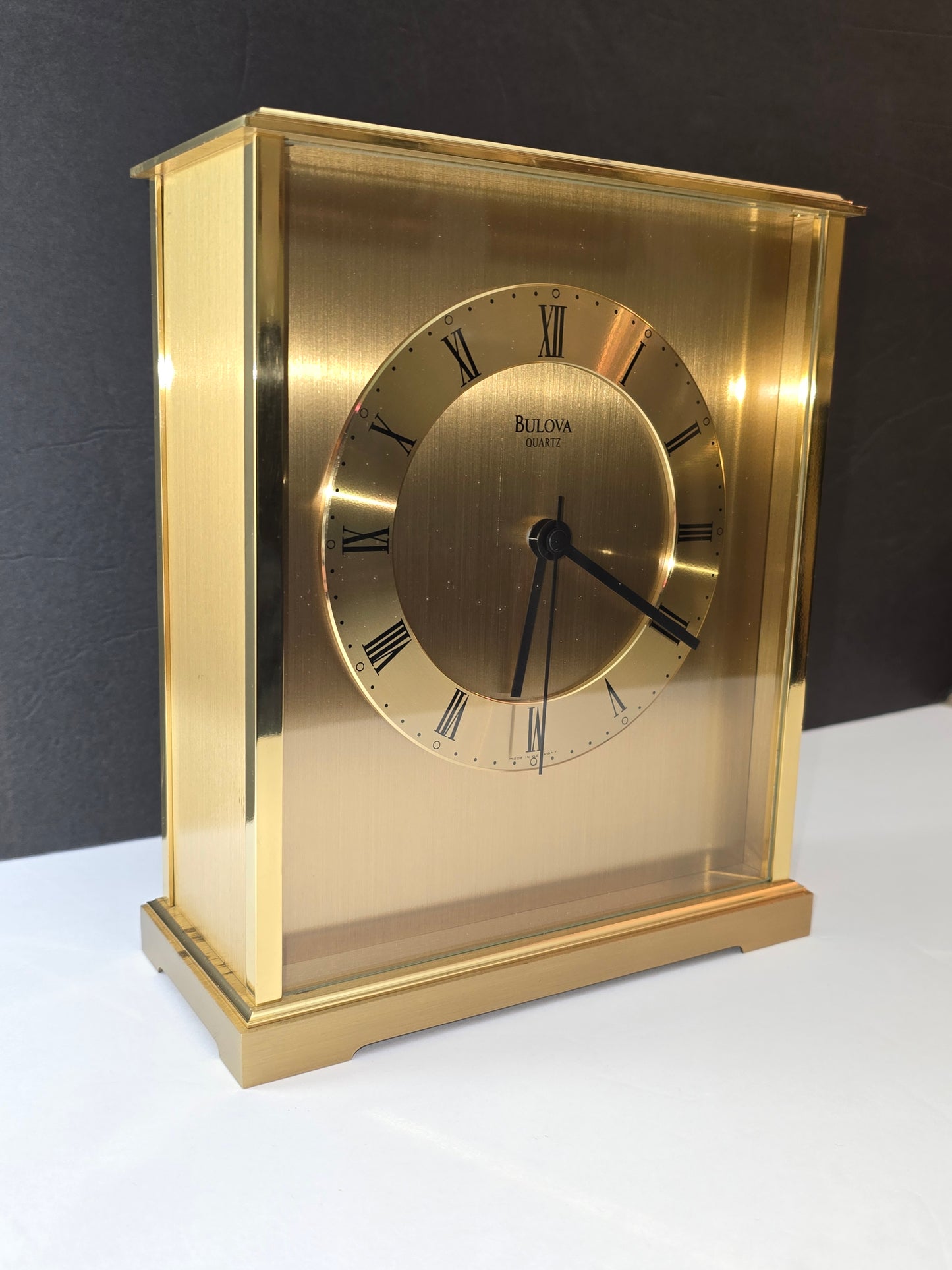 Vintage Bulova mantel shelf clock heavy brushed brass Germany made
