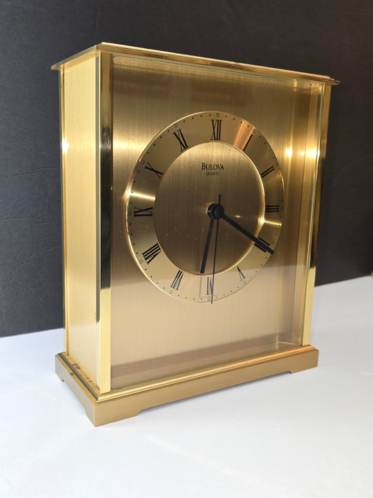 Vintage Bulova mantel shelf clock heavy brushed brass Germany made